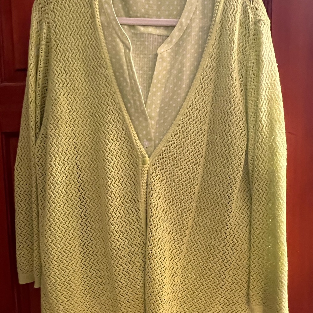 Jones New York Light Lime Green Open-Front Cardigan and matching blouse